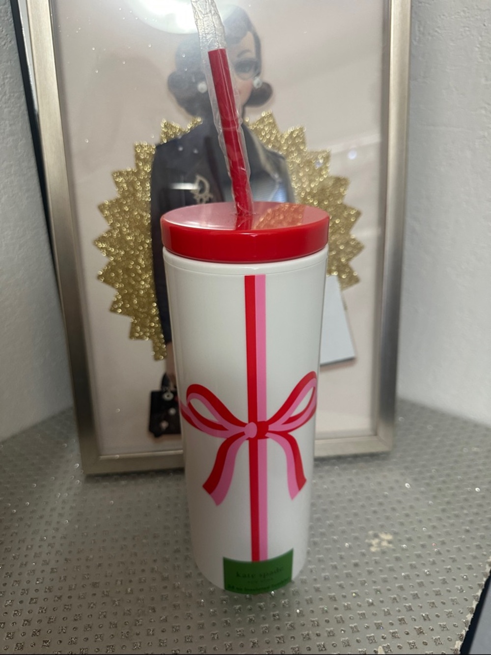 Kate spade “candy bow”white tumbler with red lid and pink & red bow NWT